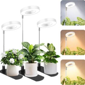 LBW Grow Lights for Indoor Plants, Full Spectrum Halo Grow Light with Base | 48 LEDs Grow Lamp for Small Plants, Base/Soil Stake, 7.8-26" Adjustable, 6/8/12/16H Timer, 3 Color Mode, 5 Brightness, 3 pack